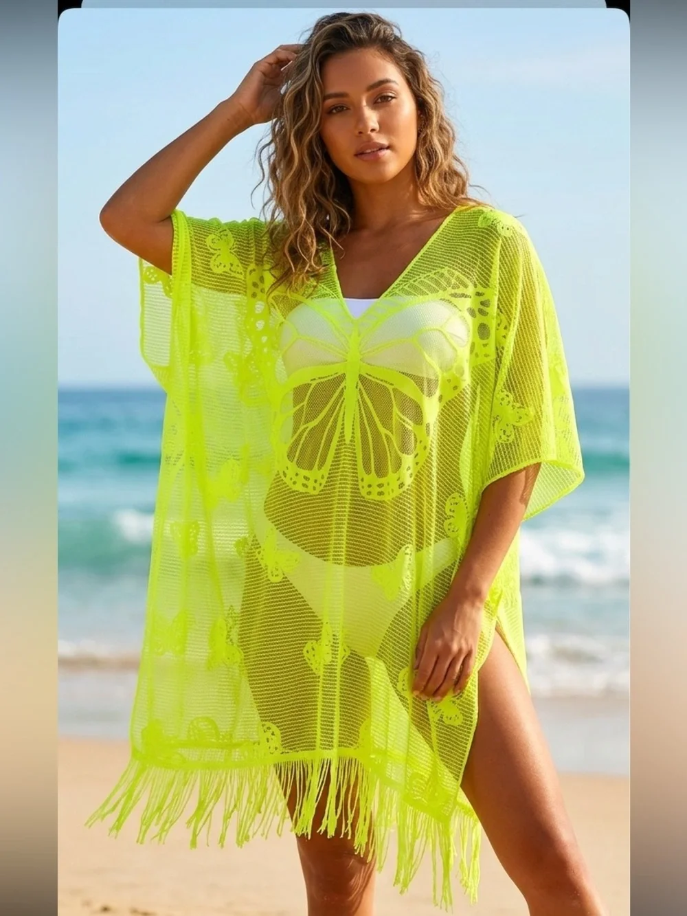 GECKO Neon Green Crochet One Piece Swim Cover Up NWT